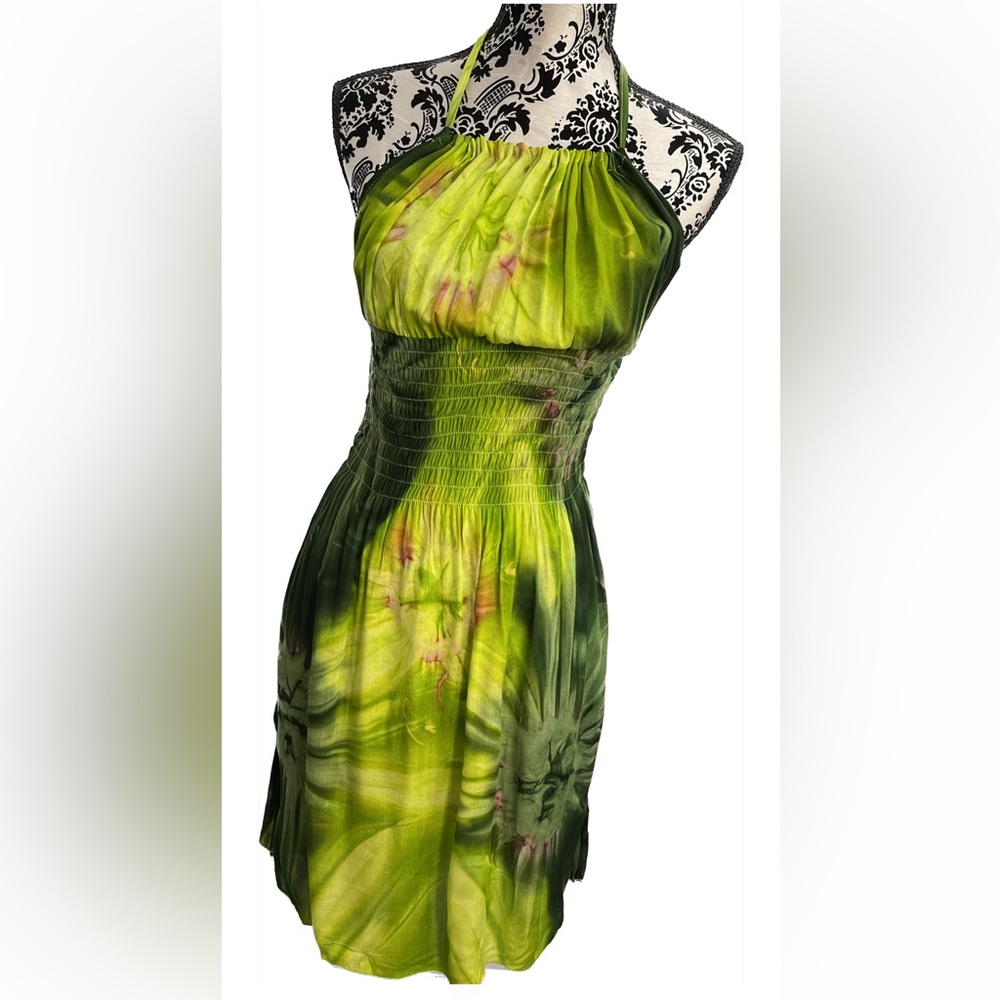 🌞Green Print Halter Short Dress One Size